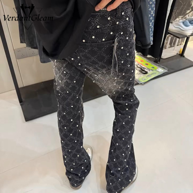 Quần jean nam bootcut cá tính kim cương đinh rách, quần thường ngày