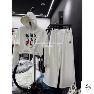 Trang phục thường ngày phong cách Hàn, cỡ lớn, thu đông 2026, dành cho nữ trẻ, phong cách Mickey, dáng rộng có mũ, lót nhung, quần ống rộng.