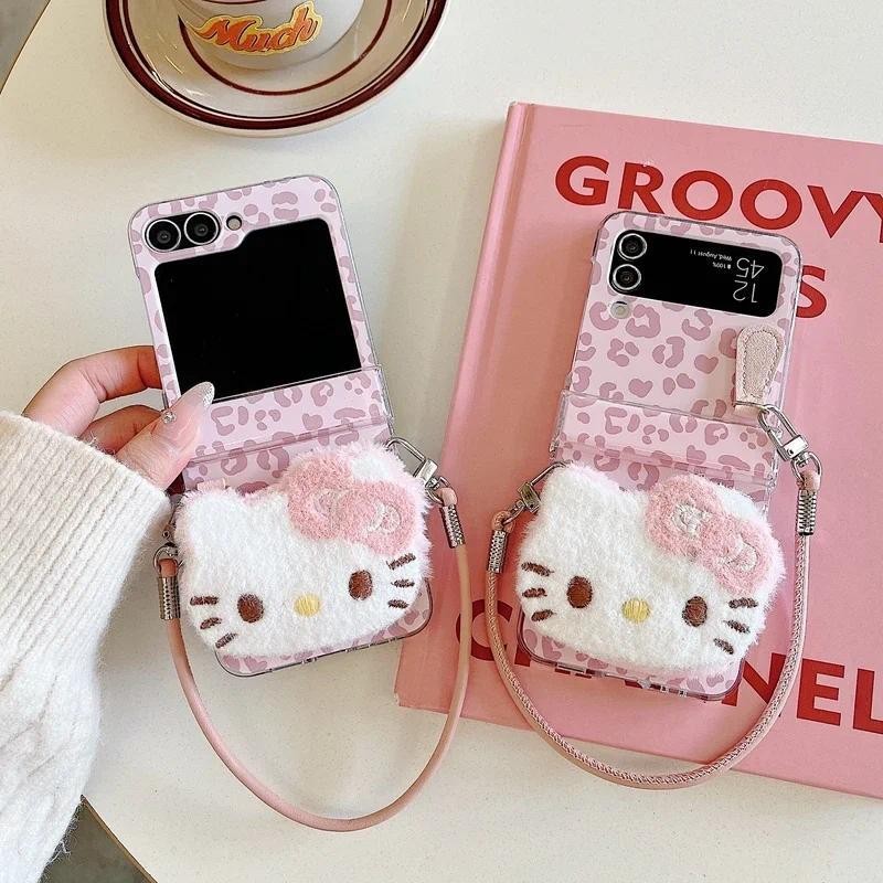 Thích Hợp Cho Samsung Galaxy ZFlip6 3D Hoạt Hình Dễ Thương Sanrio Kitty Da Báo Lông Tơ Sang Trọng Ốp Lưng Điện Thoại Cho ZFlip 5 6 4 3 5G Có Dây Bảo Vệ Vỏ Chống Sốc