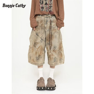 Bonnie Cathy  Quần Short Nam Hè Phong Cách Retro với Ống Rộng và Thiết Kế Cao Bồi