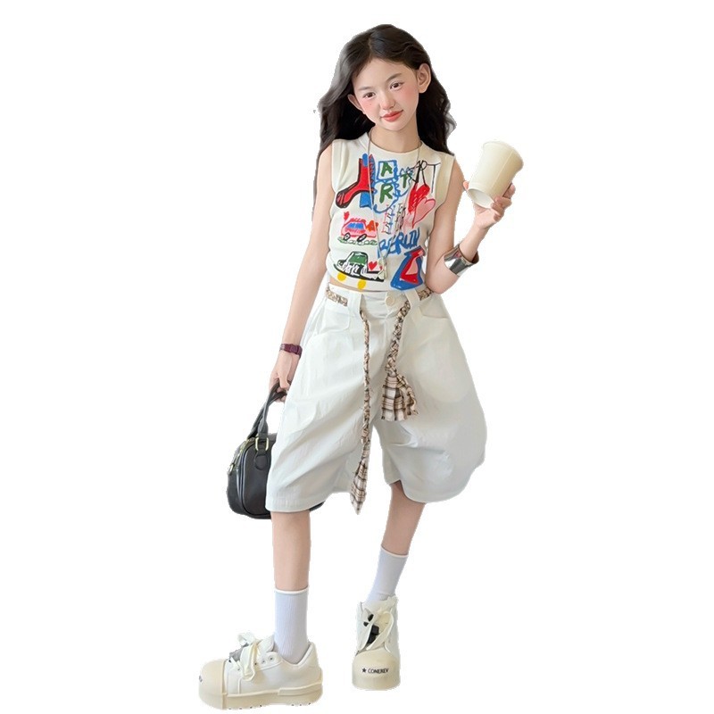 Bộ đồ thời trang bé gái 2025 Phong cách mới Phiên bản Hàn Quốc Áo Vest in hình trẻ em + Quần rộng giữa Bộ đồ hai mảnh