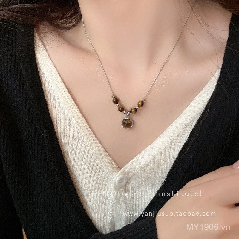 Vòng cổ mặt dây chuyền mắt hổ bằng da, thiết kế cổ điển và sang trọng cho nữ