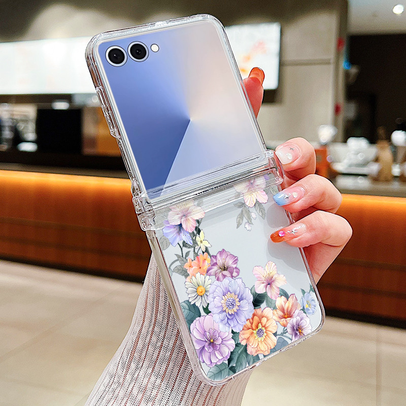 Hoa Họa Tiết Trong Suốt Ốp Lưng Điện Thoại Samsung Galaxy Z Flip 7 Flip 6 Flip 5 Flip 4 5G Full Bản Lề Cứng PC Gấp Bao Dành Cho Samsung Z Flip7 Flip6 Flip5 Flip4 Flip3