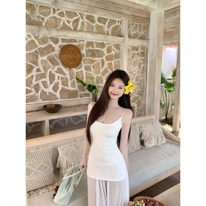 Milyfashion Trắng Pháp Sling Đầm Phong Cách Mới Mùa Hè Kỳ Nghỉ Khâu Gạc Váy Dài Quần Áo Nữ
