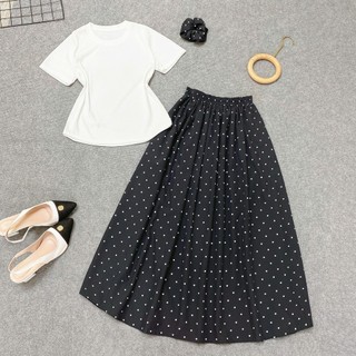 Set Bigsize nữ basic áo thun phối chân váy chấm bi dáng dài vintage bánh bèo dễ thương  SET G244+CV422