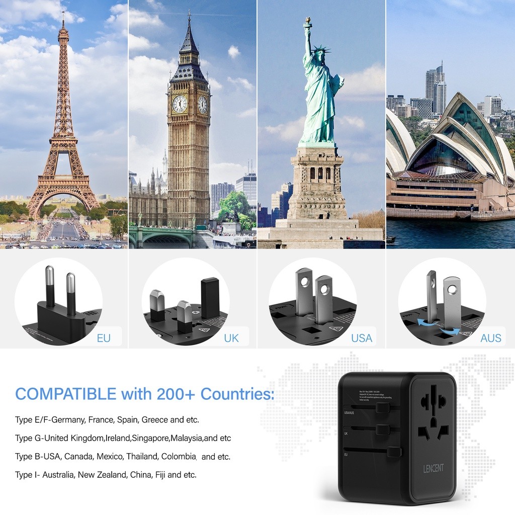 [Hàng có sẵn] Bộ chuyển đổi du lịch đa năng với 3 cổng USB Bộ chuyển đổi nguồn sạc nhanh Type C Phích cắm EU / UK / USA / AUS cho du lịch toàn cầu