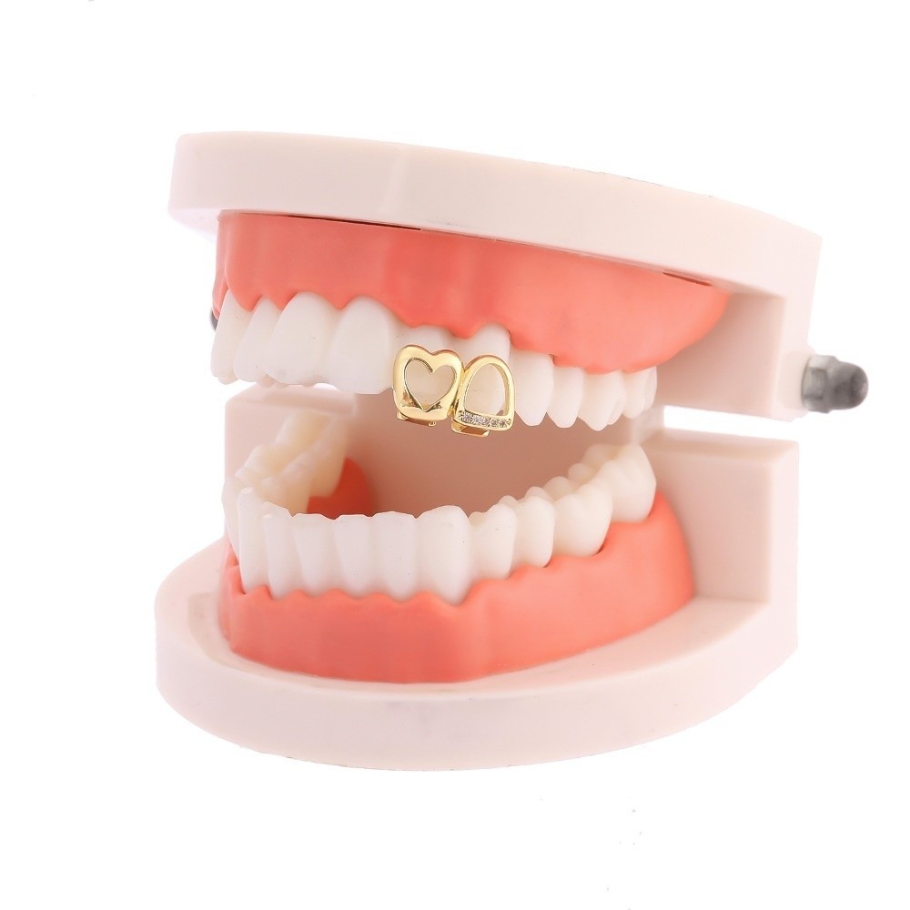 MERIGGIARE Hip Hop Răng Grillz, Trang Sức Răng Zircon Sáng Bóng Màu Vàng, Đồng Trái Tim Rỗng Đôi Trái Tim Grillz Nữ