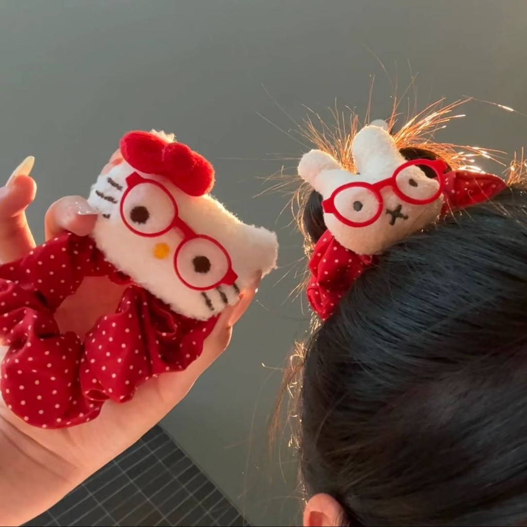 Vòng tóc thỏ hoạt hình chấm bi đỏ, kính xinh, phù hợp tóc đuôi ngựa và búi tóc