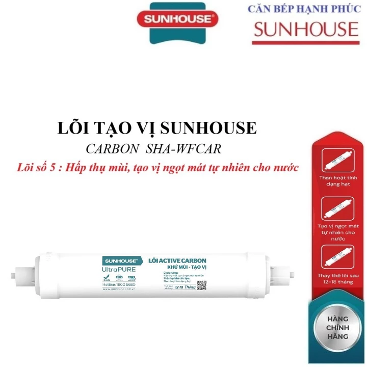 Lõi tạo vị SUNHOUSE Carbon SHA-WFCAR_lõi số 5, Cấu tạo: Than hoạt tính dạng hạt, Hấp thụ mùi, tạo vị ngọt mát cho nước