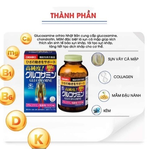 Viên uống bổ sung Glucosamine Orihiro hỗ trợ giảm đau xương khớp hộp 900 viên nội địa Nhật