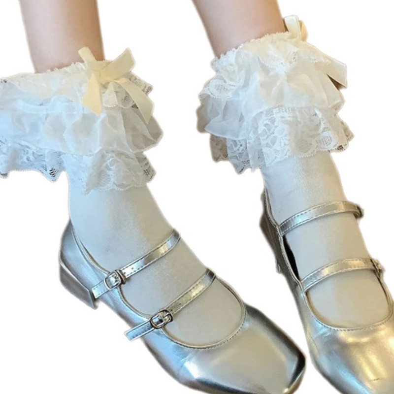 Fl Thời Trang Ren Ruffle Tất Ngọt Nơ Cánh Frilly Đầm Tất Nữ