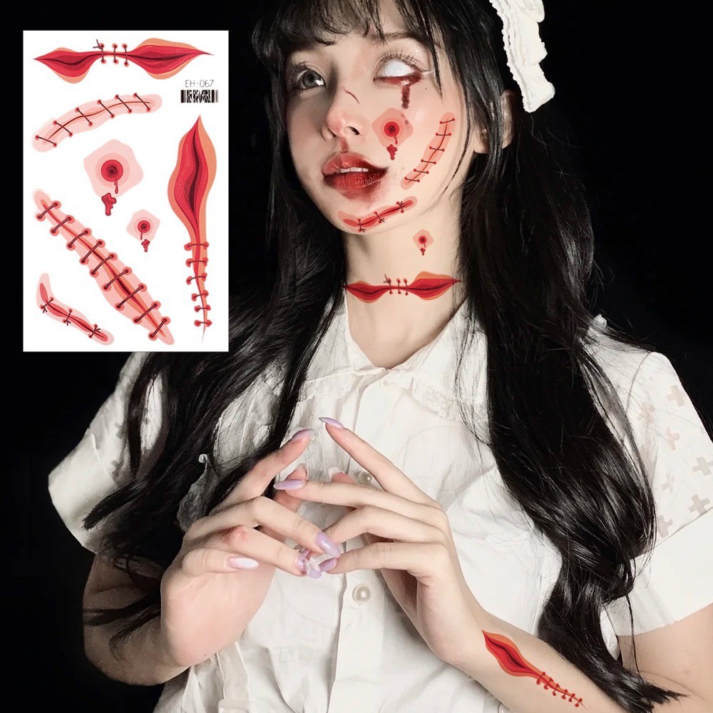 Trang trí tiệc hóa trang Cosplay - Đề can hình xăm nghệ thuật cơ thể thực tế chống thấm nước - Nhãn dán trang điểm vết thương sẹo kinh dị - Nhãn dán hình xăm tạm thời Halloween - Đạo cụ kinh dị