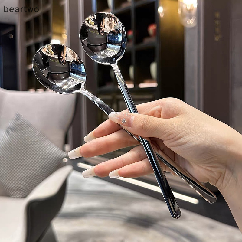 < Beartwo > Thìa Inox Tay Cầm Dài Hàn Quốc Bộ Đồ Ăn Làm Dày Khuấy Thìa Đá Thìa Bữa Ăn Thìa Ăn Tối Gia Đình Đẹp
