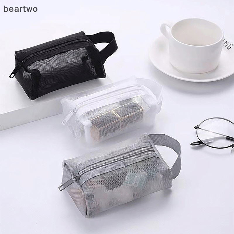 < Beartwo > Túi trang điểm lưới vuông nhỏ bằng Nylon đơn giản Ví đựng tiền xu ba chiều Key ID Thẻ tín dụng Túi đựng thẻ tín dụng Lưới dây kéo Túi lưu trữ đẹp