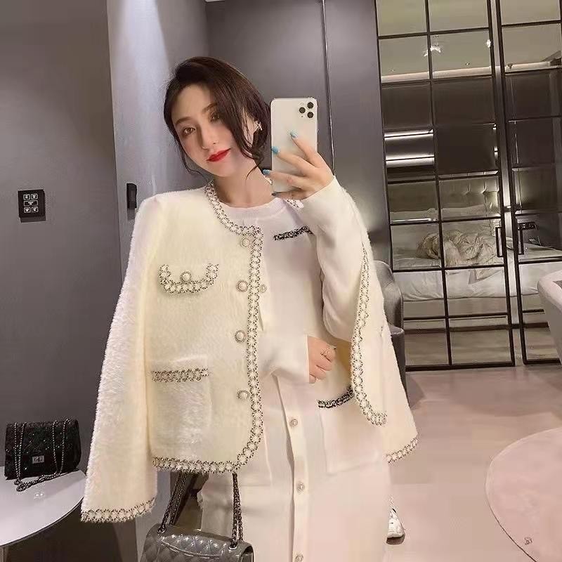 (HÀNG QUẢNG CHÂU LOẠI 1) Áo khoác cardigan dạ lông thỏ phối viền ngọc đính cúc sang chảnh (FREESHIP) BA SP24