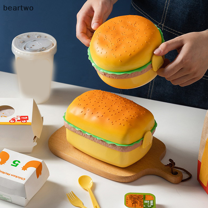 < Beartwo > Hộp Cơm Trưa Hamburger Hai Tầng Dễ Thương Burger Bento Hộp Lò Vi Sóng Trẻ Em Đi Học Hộp Đựng Thực Phẩm Nĩa Bộ Đồ Ăn Quà Tặng Đẹp