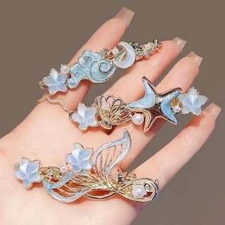 Mauropoli [Sẵn sàng] Đuôi cá màu xanh tươi mơ mộng đầy màu sắc Kính ngọc trai mỏ vịt kẹp trán Kẹp bên trán Kẹp tóc gãy Cảm giác cao cấp