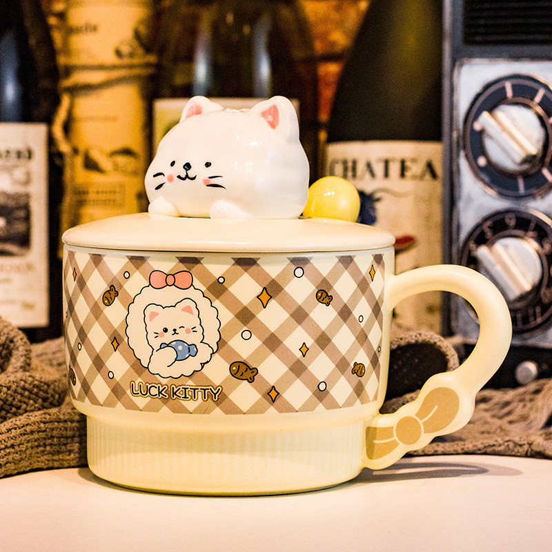 Ly Sứ Hình Chú Mèo Kitty 3D Cute Có Thìa Và Nắp Sáng Tạo - Cốc Sứ Dung Tích Lớn 650ml Làm Quà Tặng Sinh Nhật Người Yêu