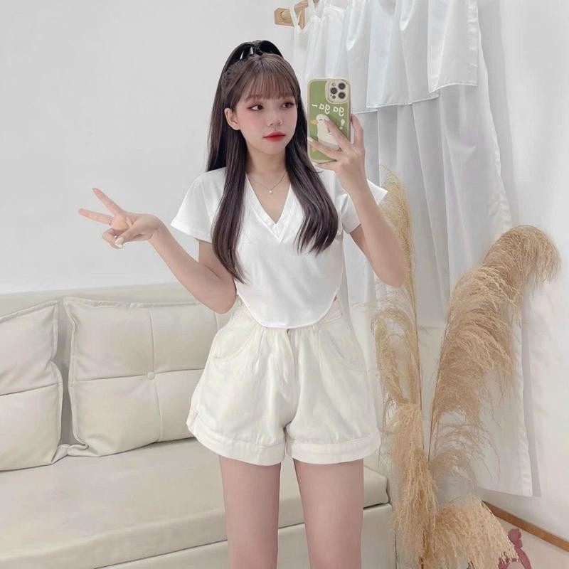 Áo croptop tay ngắn cổ V  kiểu vạt bầu xinh xắn A5804 BD store Sơ Mi Nữ