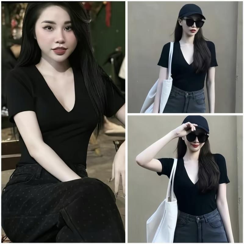 Áo Thun Cổ V Dáng Ôm Body Chất Mát Co Dãn Có Bigsize