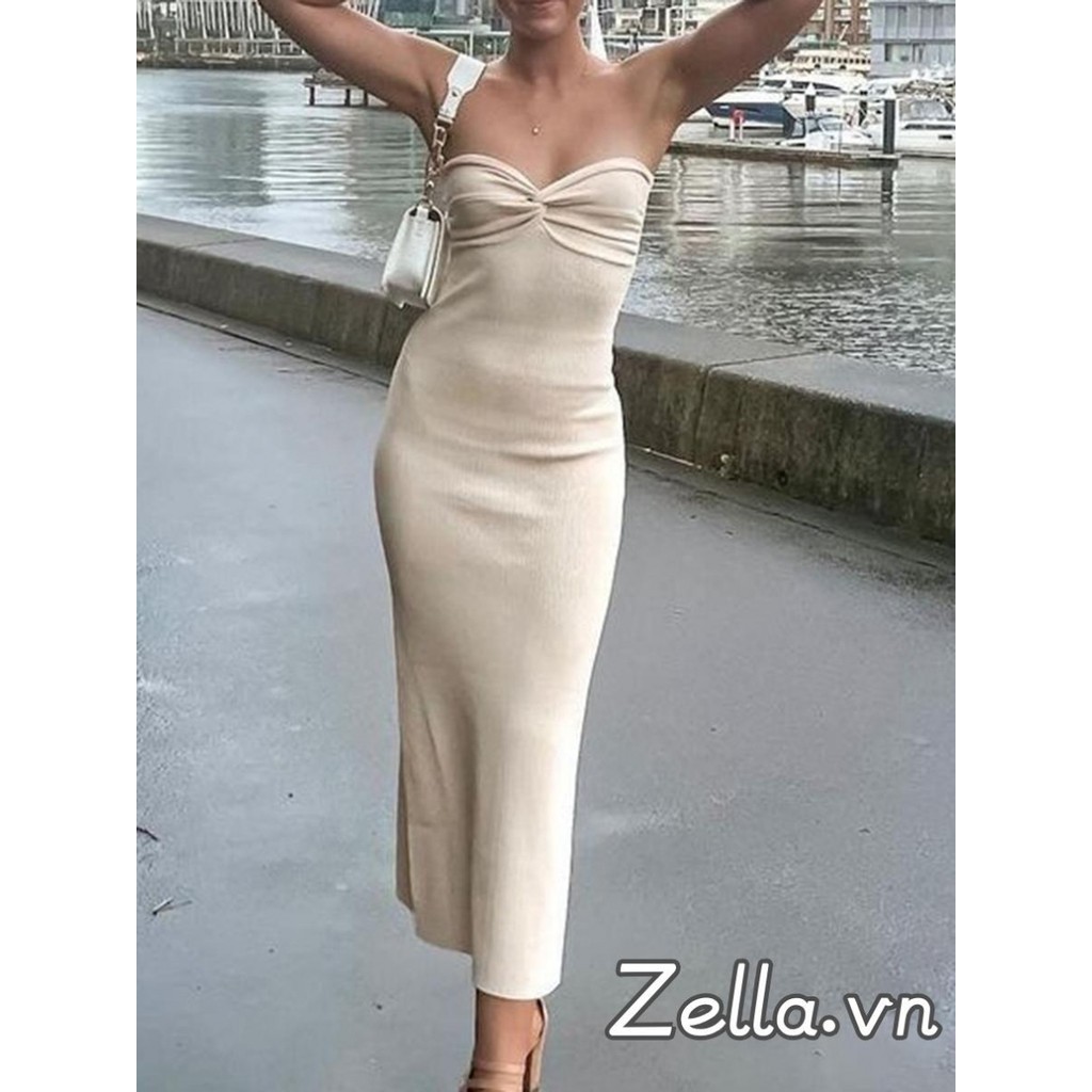 Phụ nữ có gân Đan Bodycon Đầm lệch vai Twist Nút thắt phía trước Váy ống Maxi