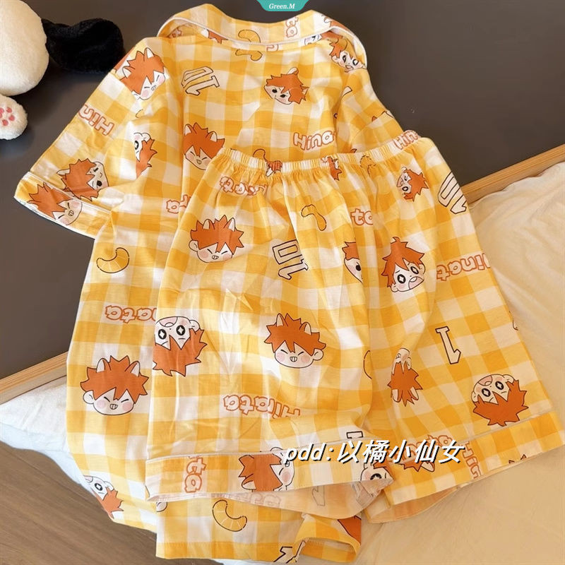 Bóng chuyền Thiếu Niên Checkered Hyuuga Shoyo Bộ Đồ Ngủ Nữ Mùa Hè Mới Tay Ngắn Rời Homewear Phù Hợp Với