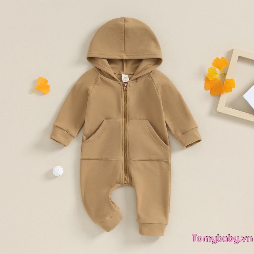 Bộ áo liền quần có mũ trùm đầu mùa thu màu trơn dài tay có dây kéo đóng cửa Áo liền quần thông thường cho bé gái bé trai