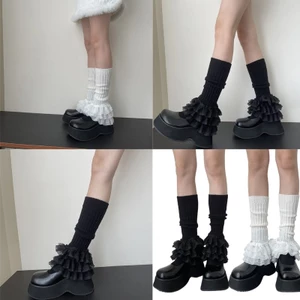 XGB Dễ Thương Ba Lớp Xù Ren Chân Ấm Cho Nữ Bé Gái Dệt Kim Chân Có