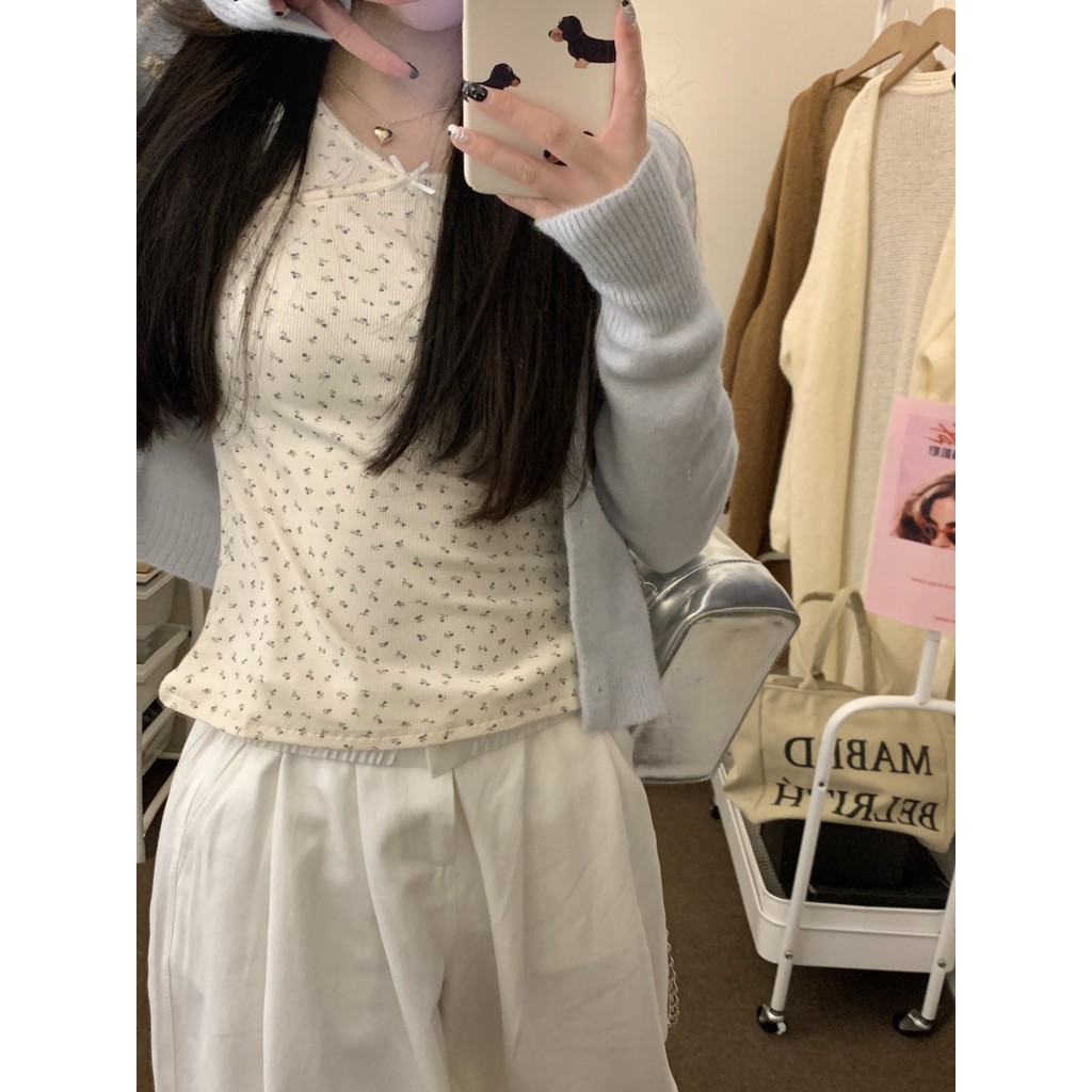 Suxi Thu Đông Pháp Retro Hoa Thời Trang Đơn Giản Slim Fit Áo Thun Dài Tay Nữ Top 240903