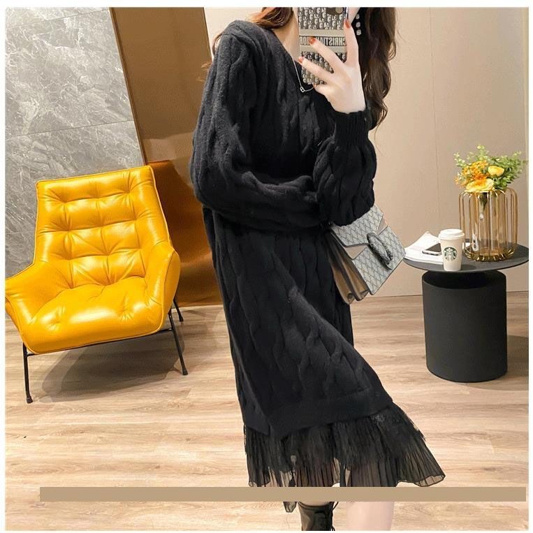 Đầm Dệt Kim Nữ Mùa Xuân Mới Giữa Chiều Dài Ren Mùa Thu Dày Tay Dệt Kim