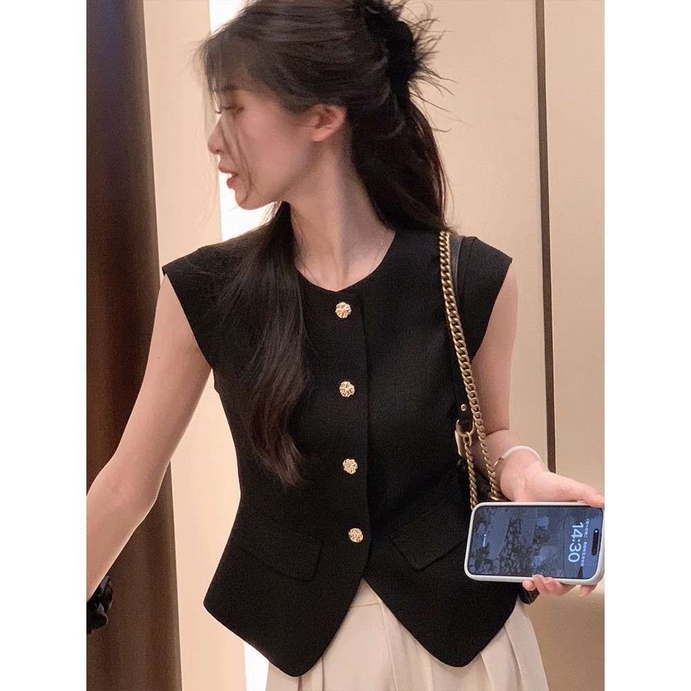 Suxi Đơn Giản Màu Trơn Pháp Retro Thu Đông Mới Áo Vest Nữ Không Tay Ngắn 240921
