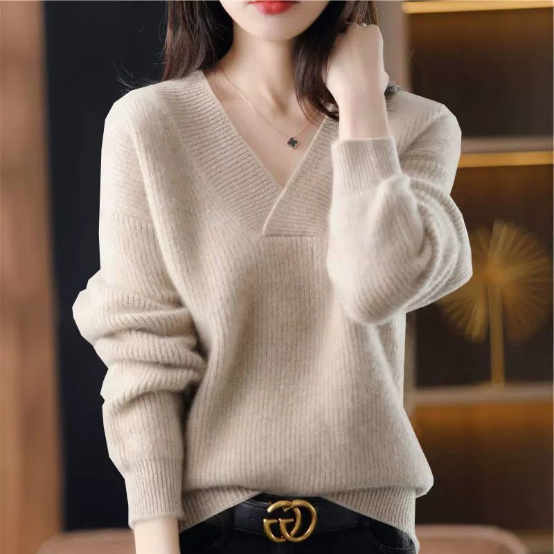 Mặc Bên Ngoài Thu Đông Màu Trơn Cổ Chữ V Áo Len Nữ Rời Ôm Hơn Nhìn Dệt Kim Chui Đầu