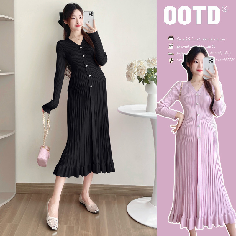 Trang phục bà bầu Thu Đông 2024 Thời trang Cổ chữ V xếp li Đan bà bầu Slimer Nhìn bà bầu