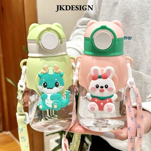 Bình nước trẻ em JKDESIGN, Cốc nước thể thao dung tích lớn bằng nhựa 680ml, Phim hoạt hình có ống hút có dây đeo Cốc uống trong suốt cho bé trai bé gái