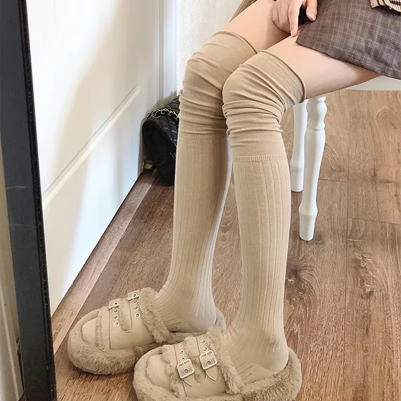 [Đặc sắc] Tất xếp chồng cao đến đầu gối - Tất cao đùi Cotton - Phong cách Nhật Bản, thoáng khí, JK Lolita - Vớ dài đến đầu gối nữ màu trơn