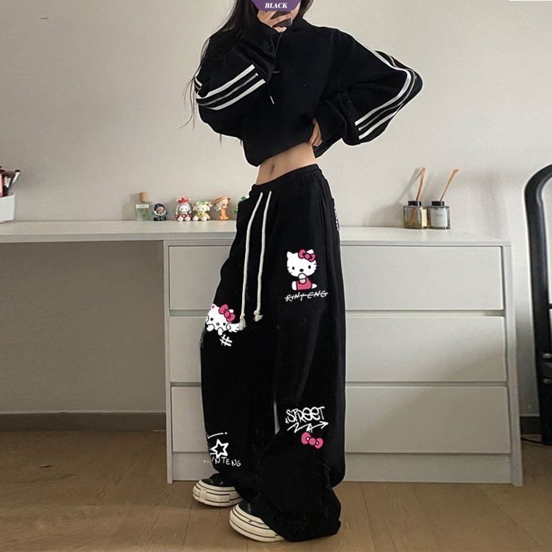 Mỏng Mỹ Retro Hello Kitty In Graffiti Quần Dây Rút Ống Rộng Hip Hop Loose Straight Sweatpants [BL]