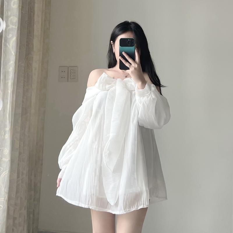 SAM - BARE_ Đầm ngắn nữ kiểu babydoll trễ vai tay bồng xòe thắt nơ 2 lớp cao cấp chất voan tơ- D03 Voi Women Dress Kem