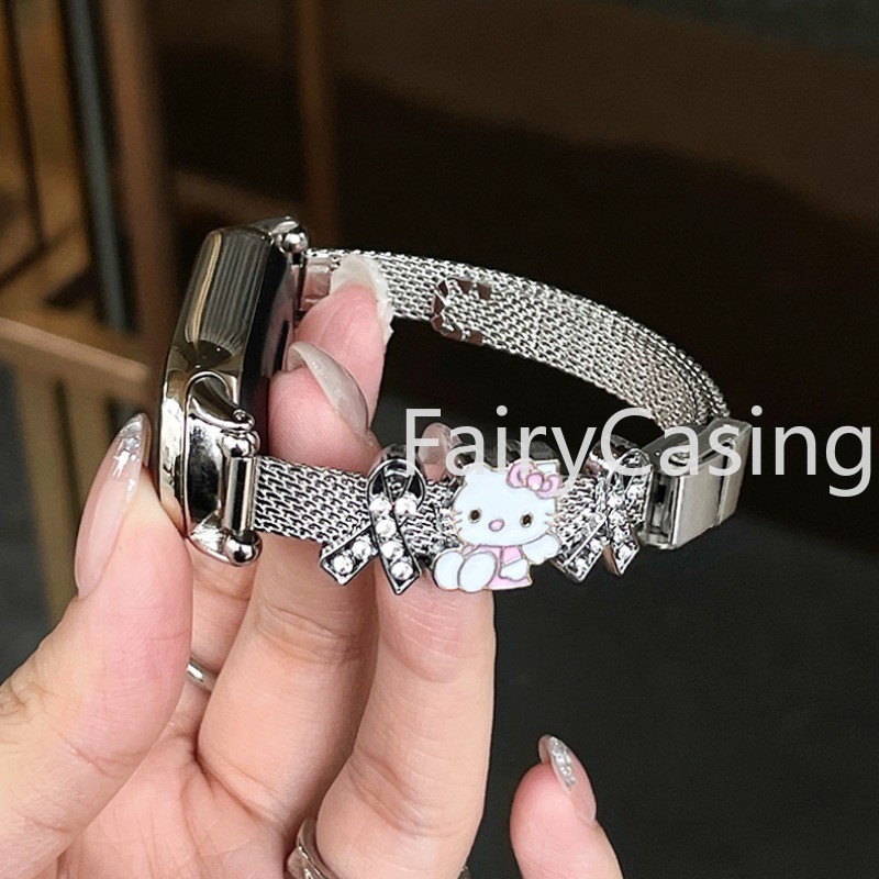 Dễ Thương KT Cat Flash Dây Thép Không Gỉ Cho Xiaomi Mi Band 10 9 8 Vòng Tay Kim Loại Thay Thế Dây Đeo Đồng Hồ Cho Miband 7 6 5 4 3 NFC Phụ Kiện
