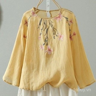 Mùa Hè 2025 Mới Nữ Vải Lanh Cotton Thêu Chống Nắng Áo Sơ Mi Tay Dài Thời Trang Nhẹ Plus Kích Thước Vải Lanh Cotton Top
