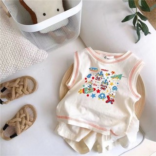 Mùa Hè Phong Cách Mới Bé Trai Bé Gái Dễ Thương Áo Vest Không Tay Phù Hợp Với Bé Hoạt Hình In Màu Sắc Tương Phản Quần Short Thể Thao Hai Mảnh Phù Hợp Với