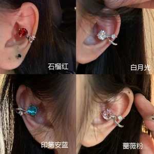 Bông tai Huazi siêu nhấp nháy kẹp xương tai zircon đỏ sang trọng không cần xỏ, cao cấp, dành cho nữ