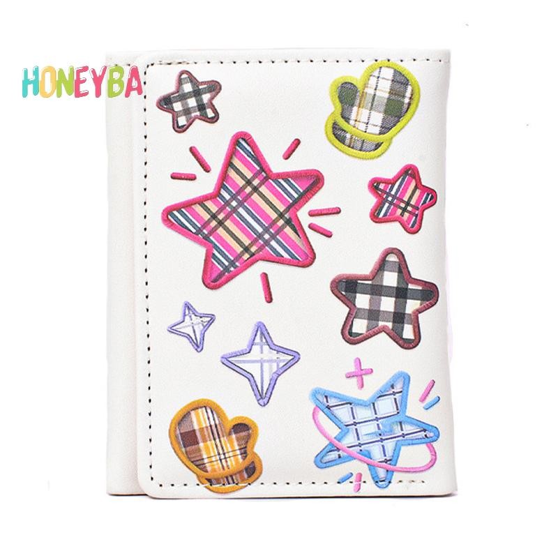 < Honeyba > Ví Dễ Thương Cho Nữ Thêu Ngôi Sao Gấp Ngắn Ví Đựng Thẻ Tiền Xu Nhỏ Ly Hợp Ví Nữ Mới