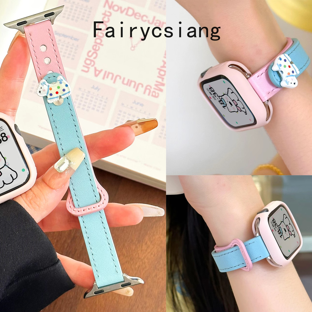 Dây da màu hồng + Sku màu xanh cho Apple Watch 10 42 46mm SE 44 45mm 9 8 7 6 5 4 Vòng tay cho Iwatch 38 41 40mm Ultra2 49mm