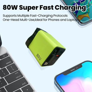 Bộ sạc điện thoại di động sạc nhanh Elough 80W có cáp Type-C có thể thu vào Cổng USB kép Bộ sạc di động