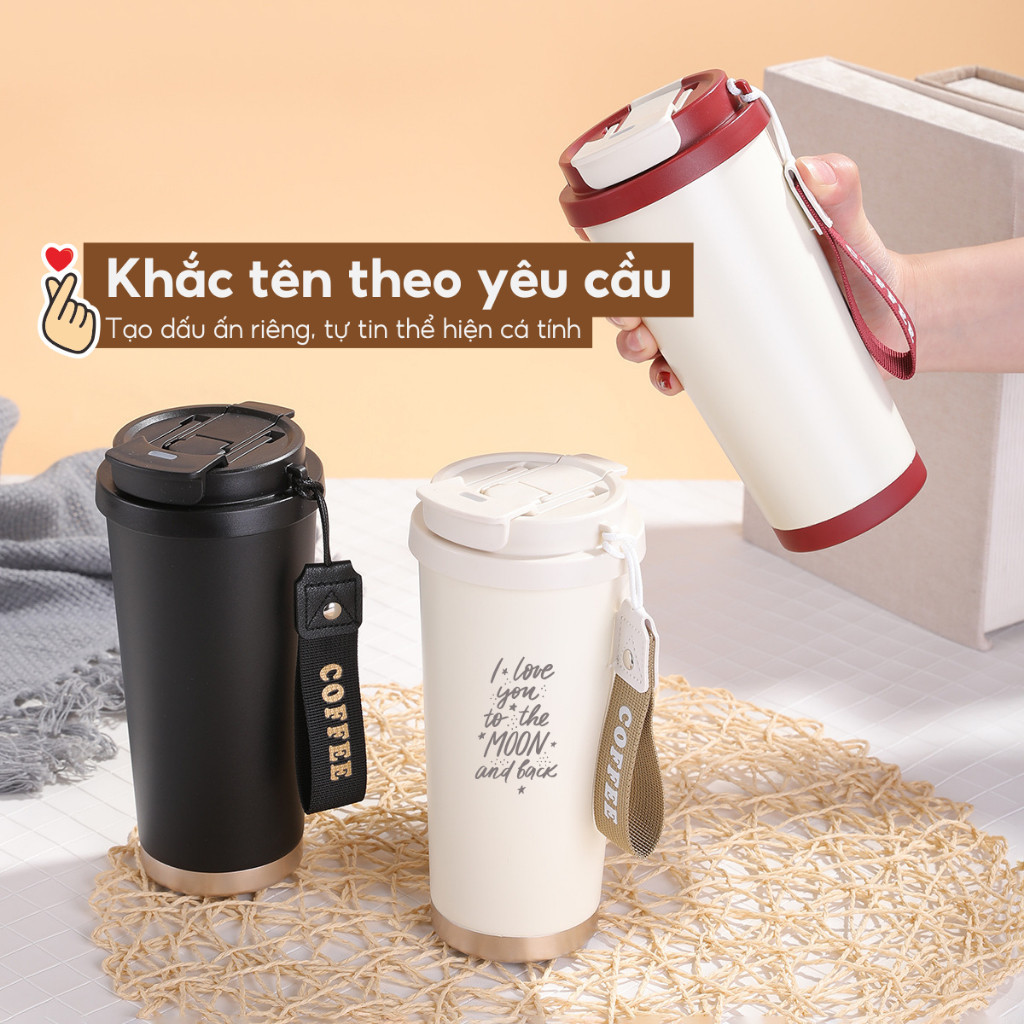 Ly giữ nhiệt tráng sứ cà phê chính hãng 84HYDRO, Đen, dung tích 500ml, kèm ống hút và khắc tên