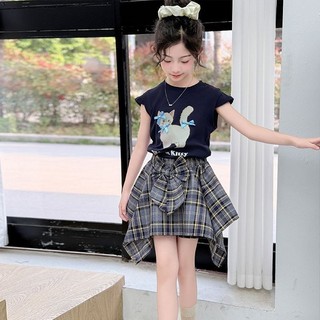 Set Áo Thun Mèo Dễ Thương + Váy Kẻ Sành Điệu Cho Bé Gái – Phong Cách Hàn Quốc