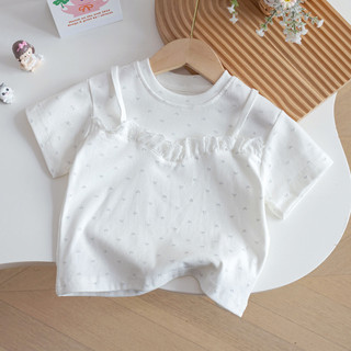 Mùa Hè Phong Cách Mới Bé Gái Ngọt Ngào Ren Áo Thun Tay Ngắn Ren Cho Bé In Full Phiên Bản Hàn Quốc Trẻ Em Top