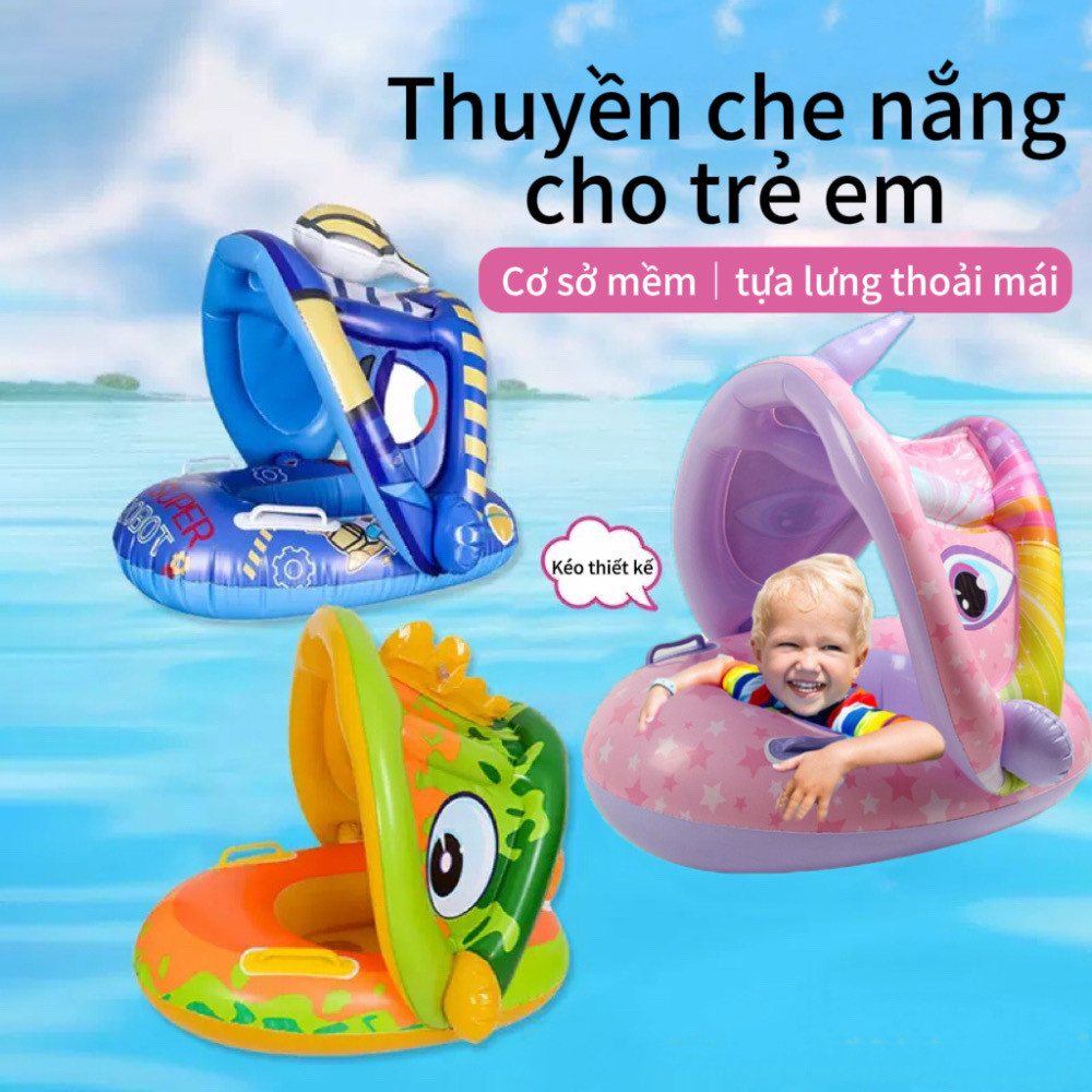 Baby Swimming Seat Boat with Handrails PVC Cartoon Children Swimming Sunshade Boat Detachable Swimming Ring