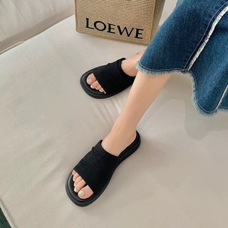 Giày Sandal Gót Chân Tròn Đế Bằng Nữ Vải Lanh Slip-On