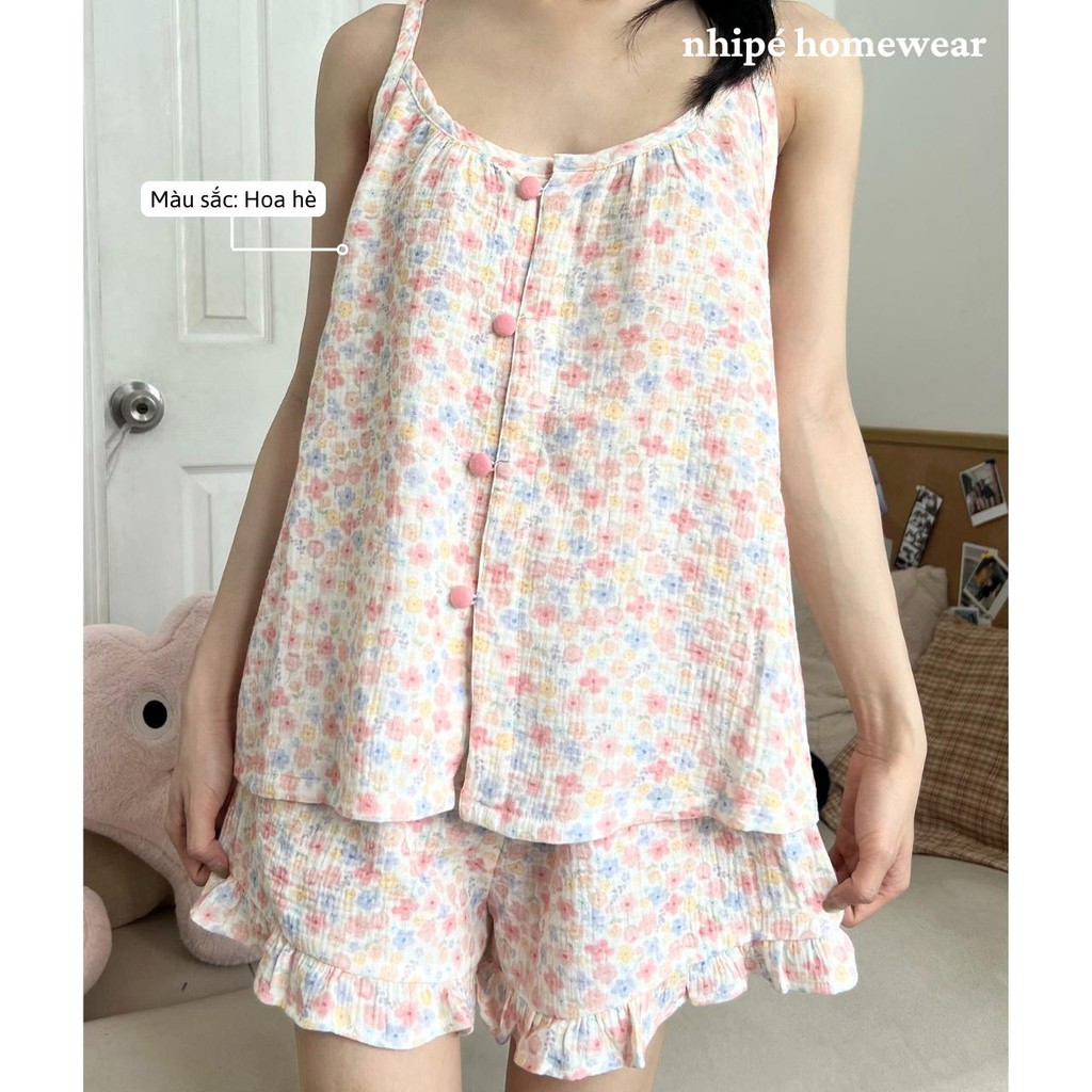 Bộ đồ xô muslin áo 2 dây quần đùi nhipé homewear nữ nút bọc mặc ngủ chất liệu cao cấp thoáng mát họa tiết xinh dễ thương